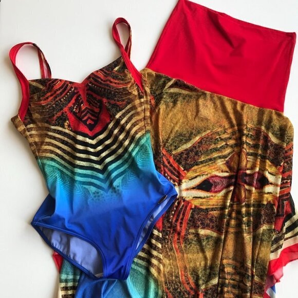 SUNFLAIR Bathing Suit & Dress/Skirt/Cover Up, 2 pces red blue gold brown 8/10 D - Picture 3 of 16